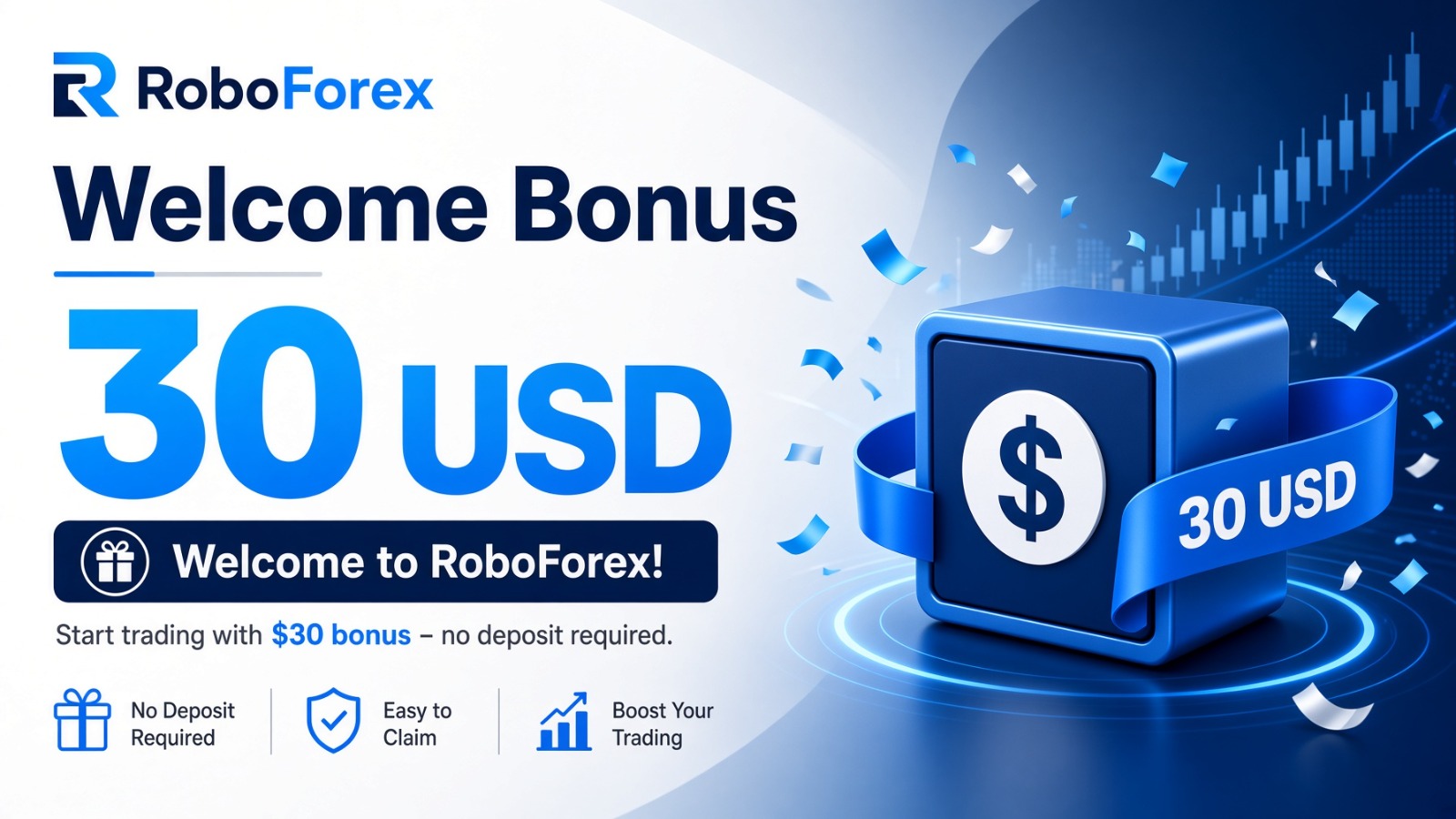 RoboForex Welcome Bonus 30 USD banner for MT4 and MT5 traders