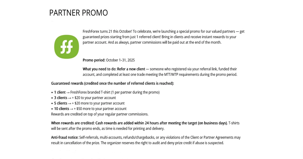 FreshForex 21 Years Partner Promo and Guaranteed Rewards