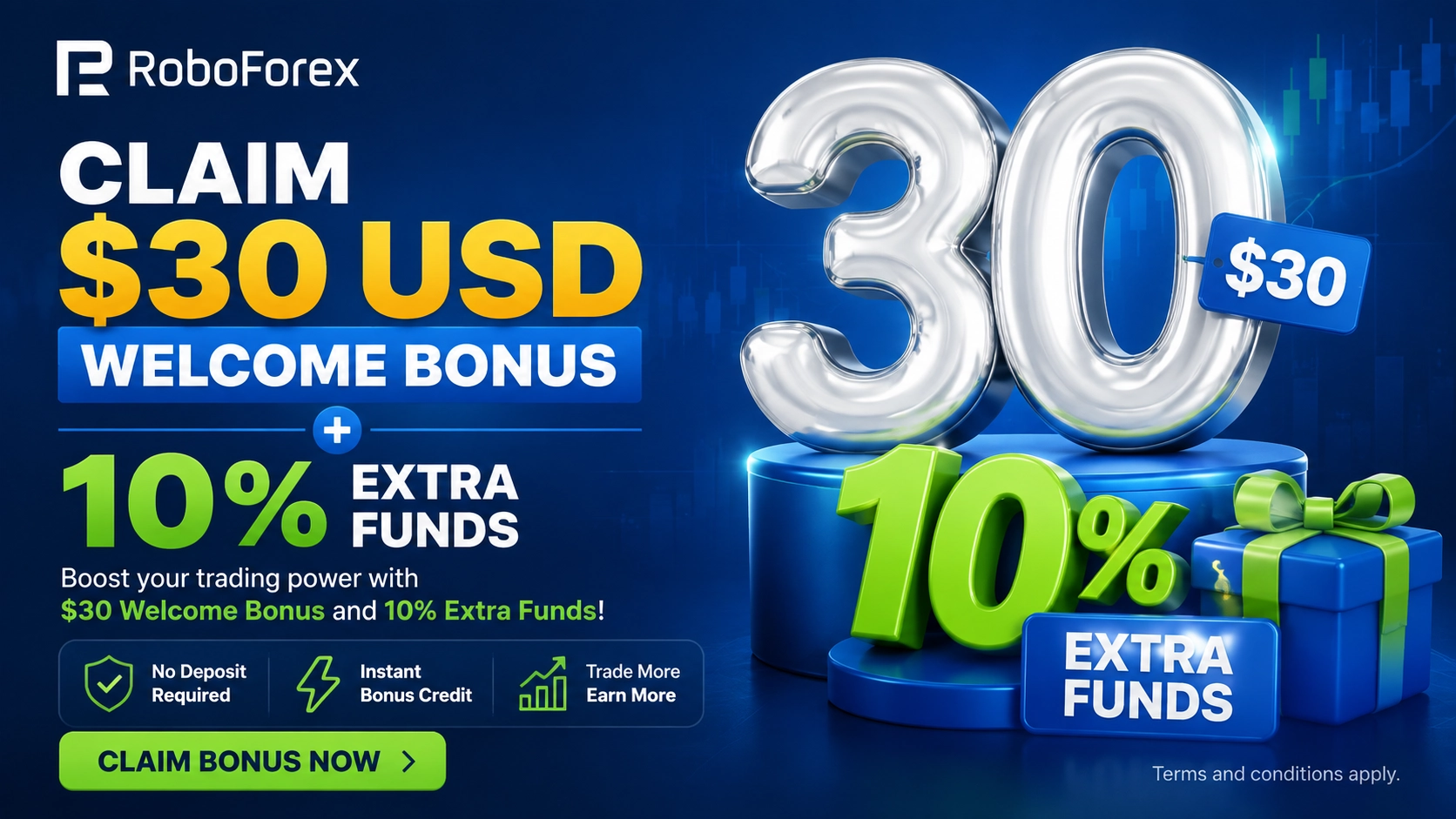 RoboForex $30 Welcome Bonus and 10% Extra Funds
