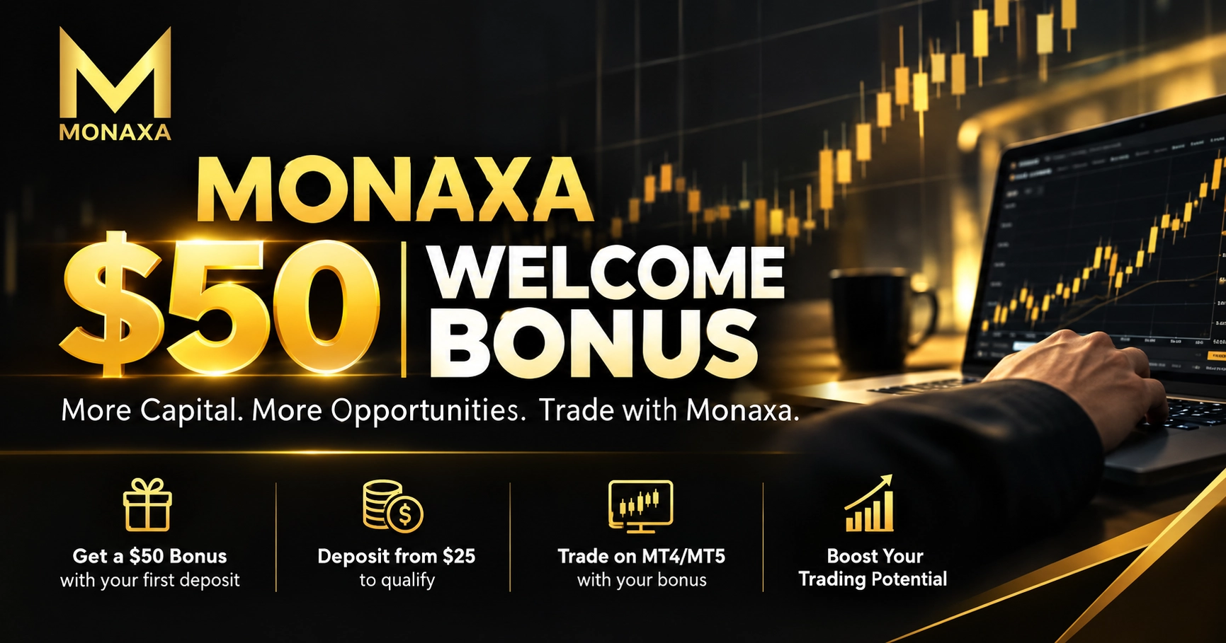 Monaxa offers a $50 Welcome Bonus to MT4 or MT5  Account